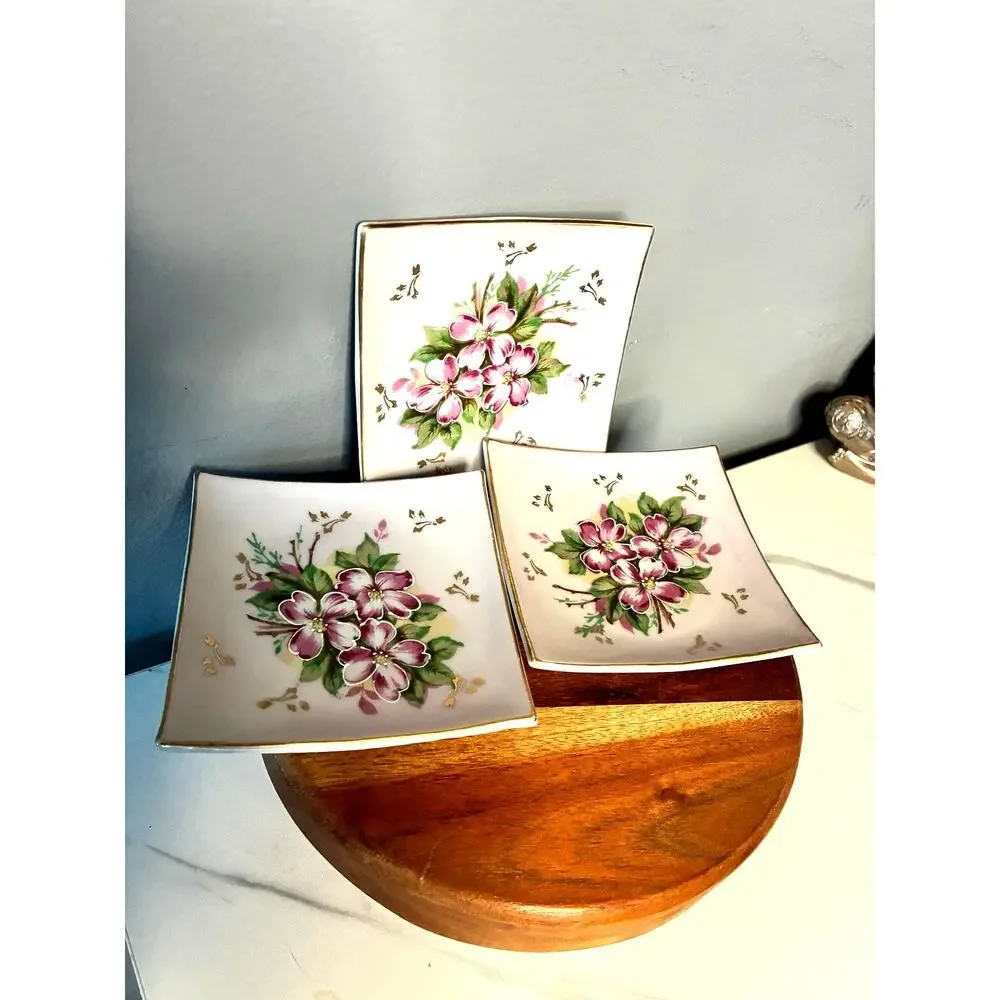 Vintage Hand-Painted Square Floral Trinket Dishes – Set of 3 (Japan, K-110)